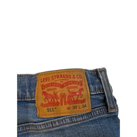 Levis 511 Jeans Mens 32x34 Blue Slim Fit Distressed Stretch Tapered Leg *FLAW* - Picture 4 of 13